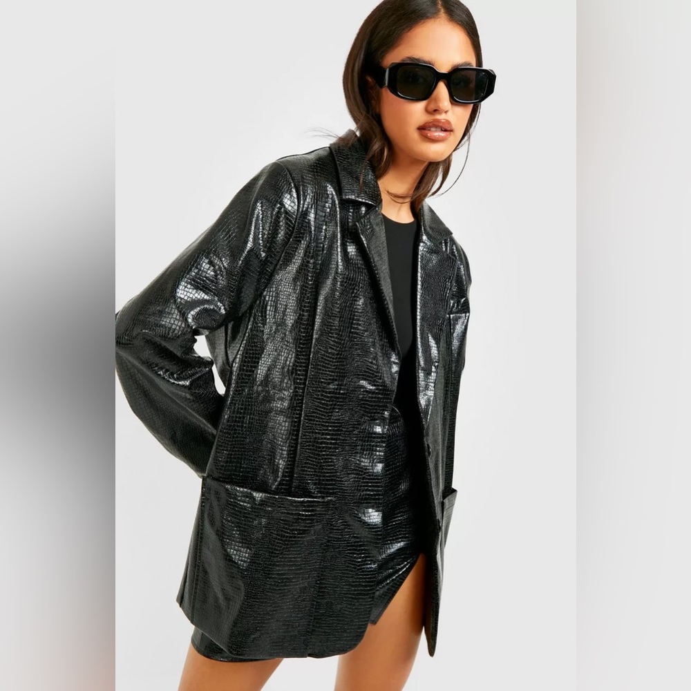 BOOHOO Vinyl Mock Croc Oversized Pocket Blazer